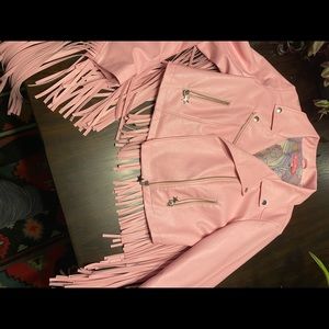 Pink fringe vegan leather moto jacket from Dollskill